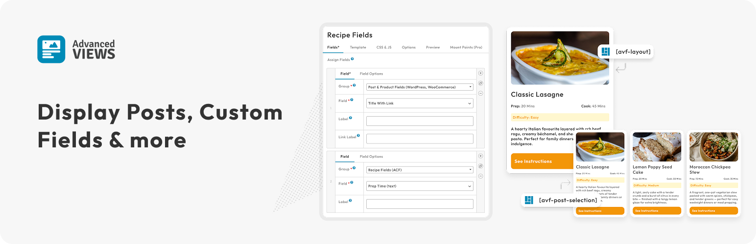 Advanced Views – Display Custom Fields (ACF, Pods, MetaBox), Posts, CPT and Woo Products anywhere in Gutenberg, Elementor, Divi, Beaver…