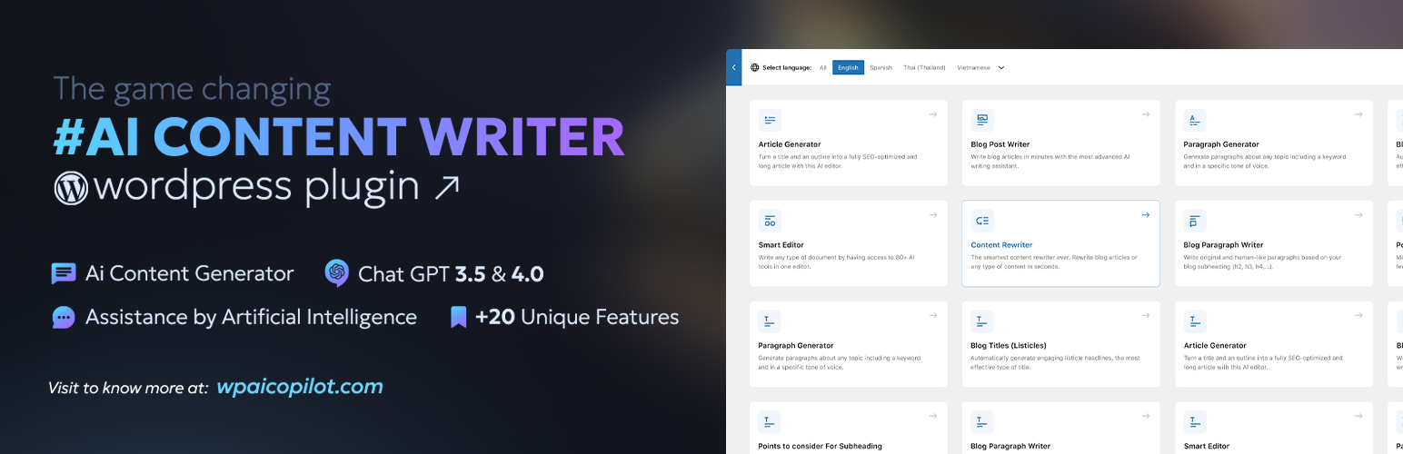 WP AI CoPilot – AI content writer plugin, ChatGPT WordPress, GPT-3/4 , Ai assistance
