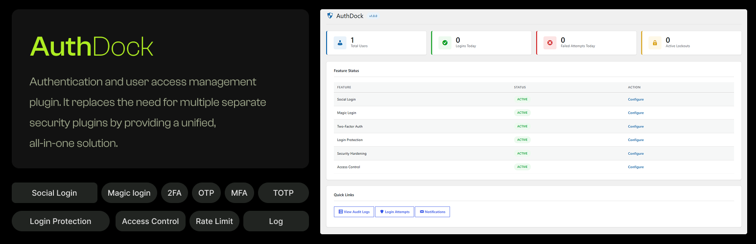 AuthDock — Login Security, 2FA, Social Login & Brute Force Protection