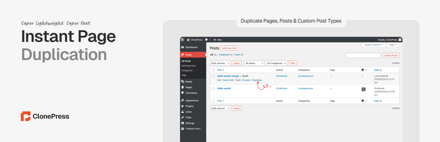 ClonePress – Duplicate Pages, Posts & Custom Post Types
