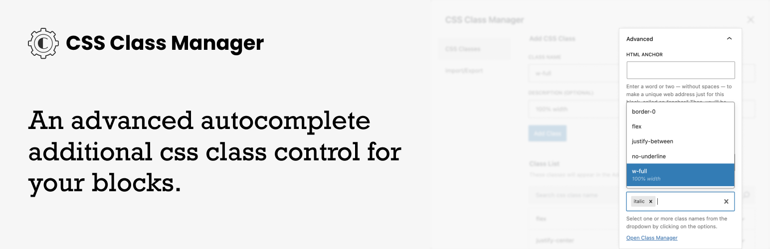 CSS Class Manager – An advanced autocomplete additional css class control for your blocks