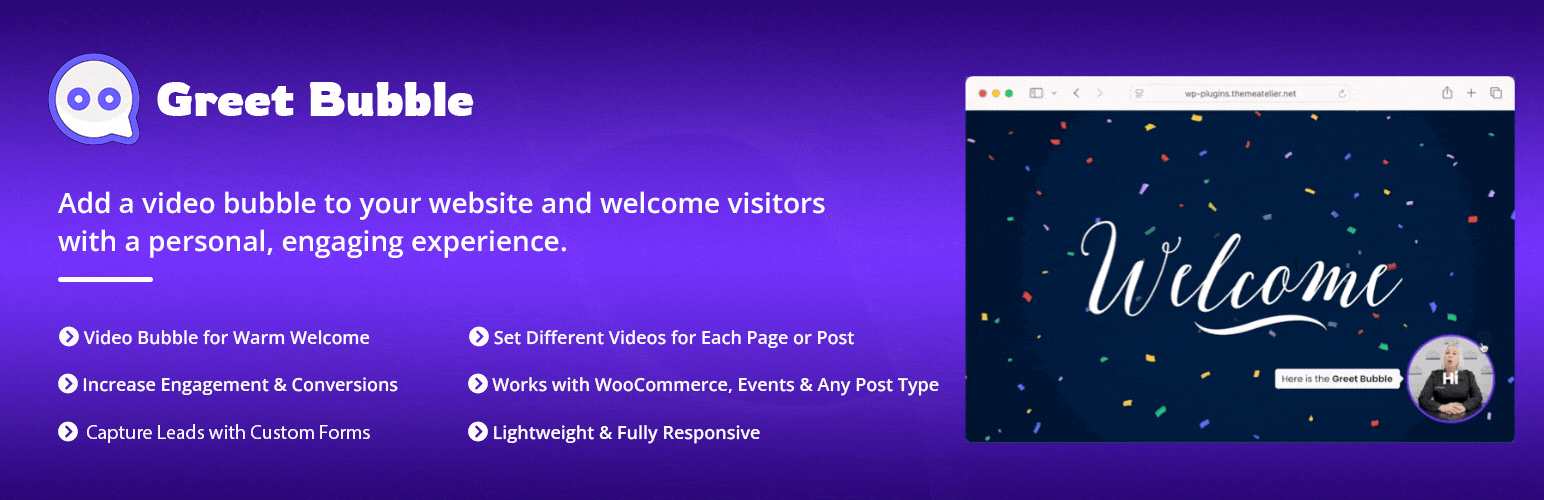 Greet Bubble — Video Welcome Popup & Floating Video Bubble with Contact Form Integration