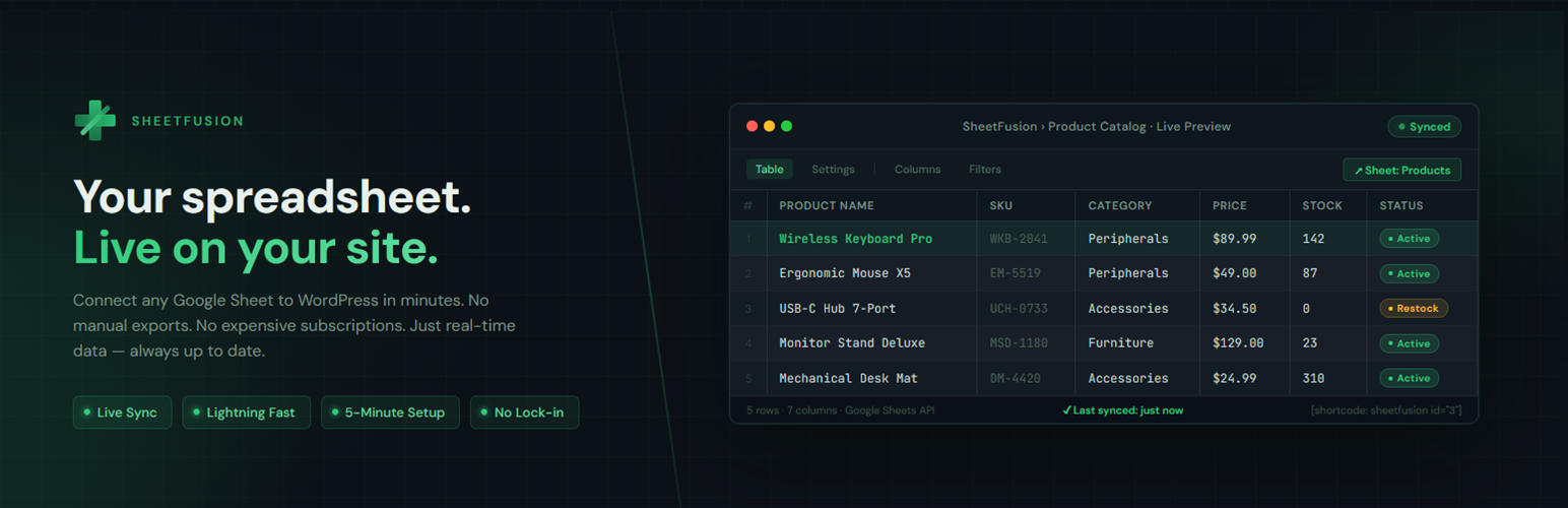SheetFusion – Sync Google Sheets Into Tables. No Row Limits, No API Keys.