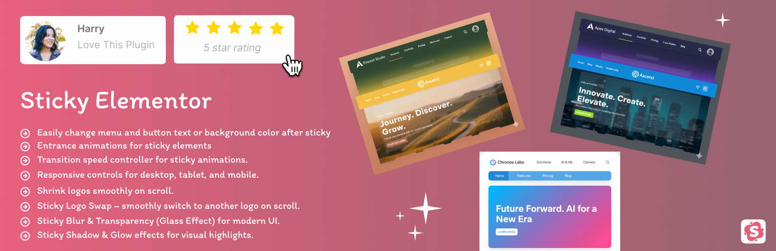 Sticky Elementor – Sticky Header, Menu Color After Sticky, Logo Swap & Back to Top Button
