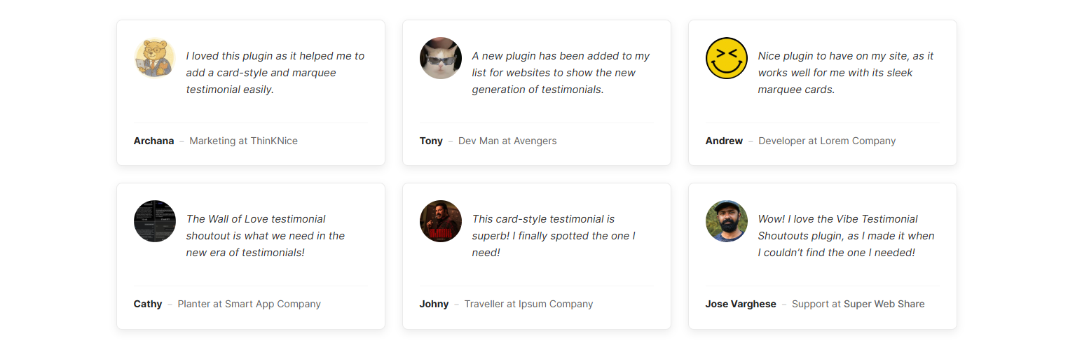 Vibe Testimonials Shoutouts – Wall of Love & Slider
