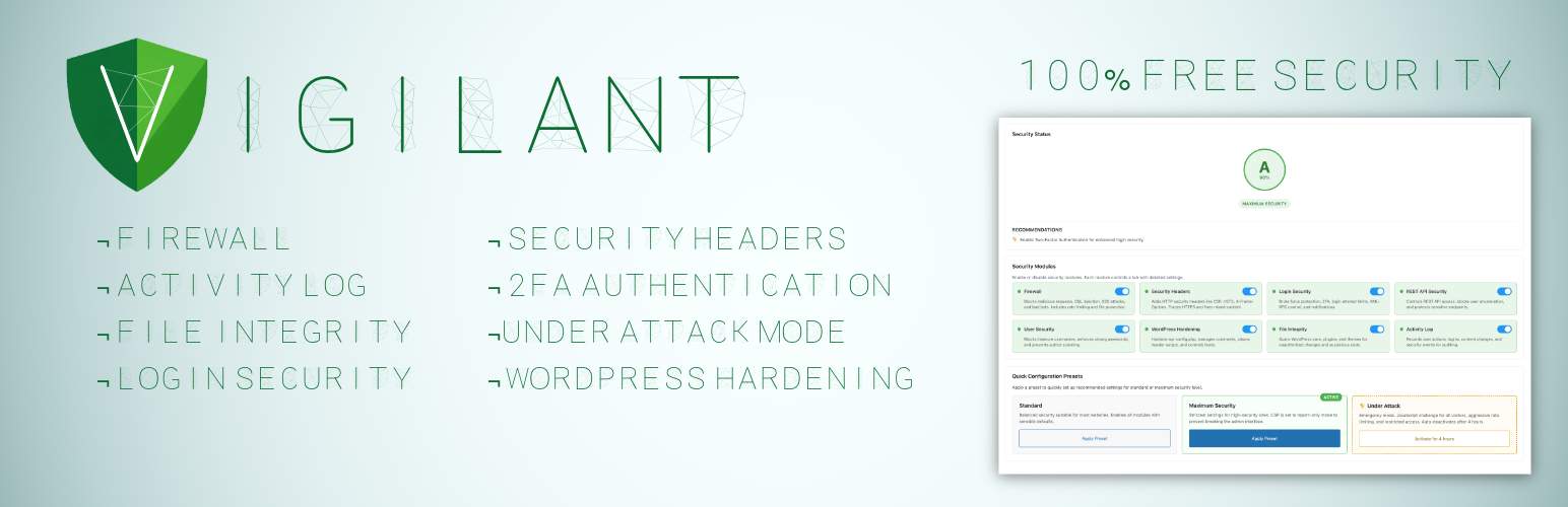 Vigilant – 100% Free Security Suite: Firewall, 2FA, Login, Headers, Scanner…