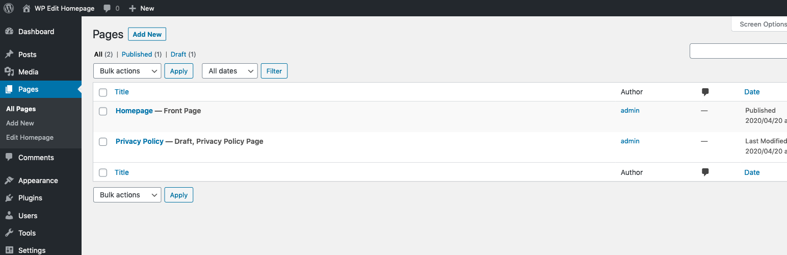 WP Edit Homepage